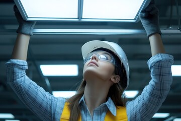 Female Worker Installing LED Ceiling Lights with Safety Gear