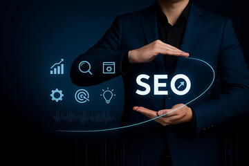 Businessman Holding SEO Icons – Digital Marketing Strategy Concept
