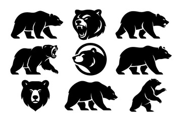 Black bear silhouettes in walking, roaring, and standing poses, Transparent Background