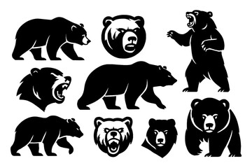 Black bear silhouettes in walking, roaring, and standing poses, Transparent Background