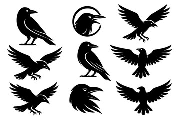 Black raven silhouettes in standing and flying positions, Transparent Background