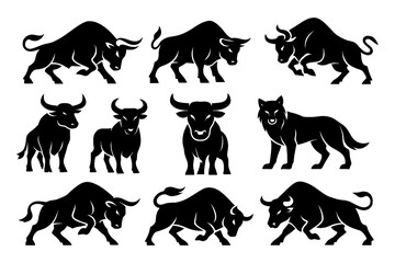 Dynamic bull silhouettes in aggressive and charging poses, Transparent Background