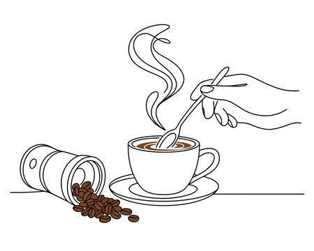 coffee cup stirring, beans, grinder, line art clip art preview