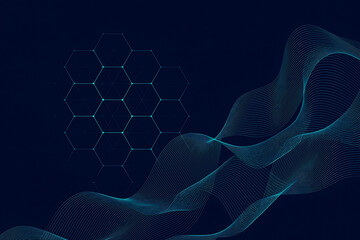 Digital Hexagon Grid and Flowing Teal Wave on Dark Background