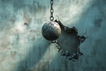 Wrecking ball smashes through concrete wall