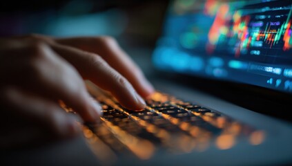 Hands navigate a glowing keyboard, illuminating a screen displaying complex financial charts and data, suggesting investment analysis and digital technology.
