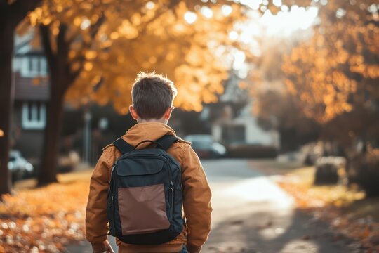 Schoolboy walking home through autumn leaves