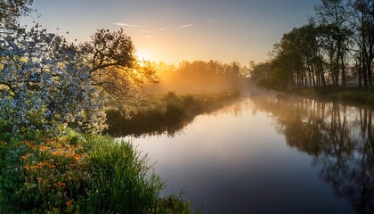 golden sunrise illuminates serene river reflecting ancient trees and blossoming flowers in misty woodland