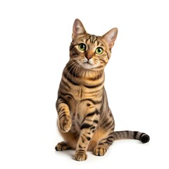 Playful Tabby Cat with Paw Raised on White Background
