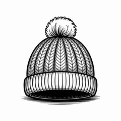 Monochrome Knitted Beanie Hat with Pom Pom Isolated on White Winter Clothing Headwear Apparel Accessories Fashionable Style Design Illustration