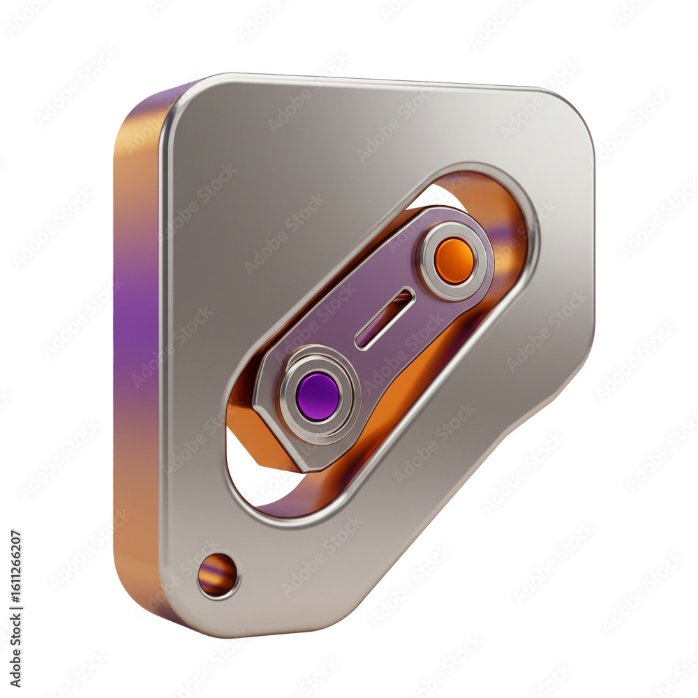 Poster a futuristic metallic component with vibrant colors and intricate internal mechanisms suggesting adv