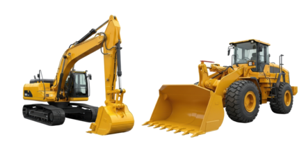 Powerful modern yellow excavator on tracks with digging bucket and hydraulic components, robust contemporary yellow wheel loader with front bucket, pristine, transparent studio background with soft