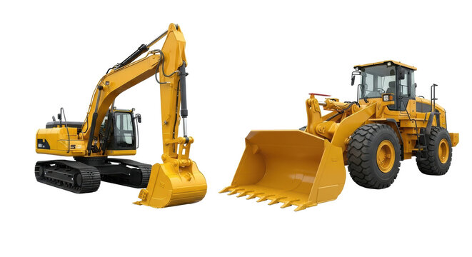 Powerful modern yellow excavator on tracks with digging bucket and hydraulic components, robust contemporary yellow wheel loader with front bucket, pristine, transparent studio background with soft