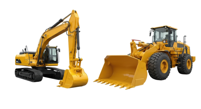 Powerful modern yellow excavator on tracks with digging bucket and hydraulic components, robust contemporary yellow wheel loader with front bucket, pristine, transparent studio background with soft