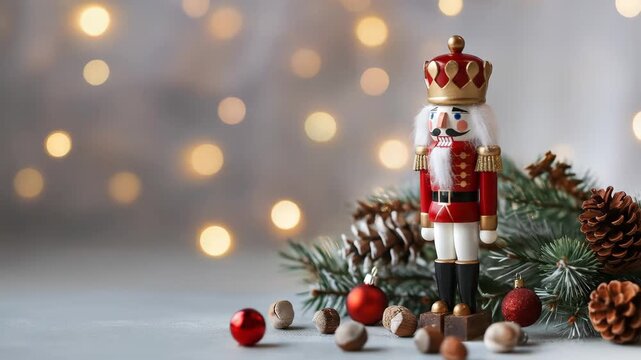 Nutcracker figurine with fir branches and Christmas decor. Traditional holiday ornament.