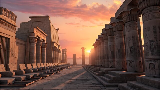 Ancient Temple with Rows of Thrones at Sunset.