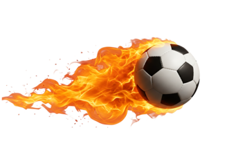 Soccer ball engulfed in flames in motion isolated on transparent background