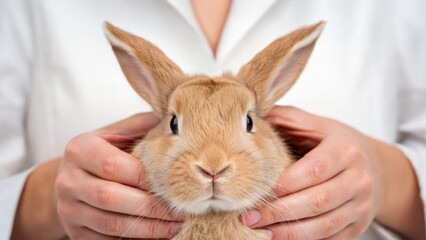 A person gently holds a rabbit, showcasing a close-up of the animal's face and the hands supporting it.