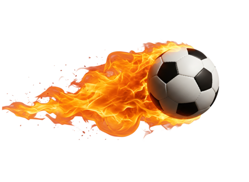 Soccer ball engulfed in flames in motion isolated on transparent background