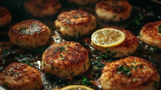 Mouthwatering seafood crab cakes cooked to perfection, garnished with lemon and herbs.