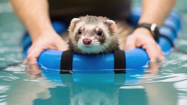 A ferret is being supported on a flotation device in water, with human hands holding it gently. The environment is calm and focused on the animal's safety.