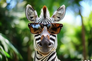 Funny zebra wearing sunglasses in jungle