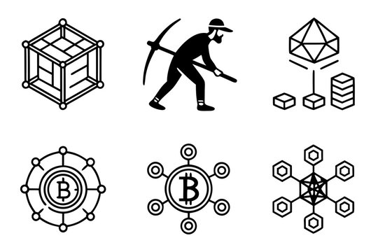 Bitcoin Mining and Blockchain Technology Icons.
