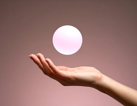 A glowing orb levitating over a delicate female hand on a soft pink background. A conceptual image of holding potential, the future, or magical energy.