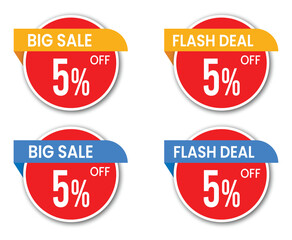 5% Big Sale vector sticker and Flash Deal label set for promotional marketing discounts
