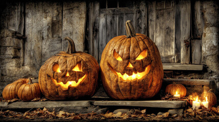 Halloween night:cut  pumpkins with candles lit inside, funny Jack'O'Lantern on the wooden step of a cabin
