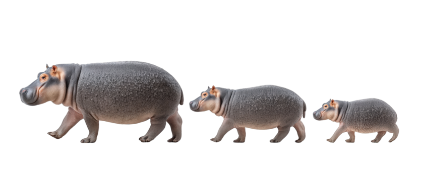 Three hippos walking in a row across a plain background, showcasing their size differences and natural movement