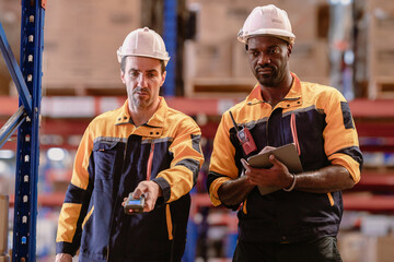 Distribution warehouse manager and client businesswoman using digital tablet checking inventory...