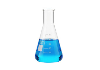 Luminous blue chemical liquid in a clear borosilicate glass Erlenmeyer flask with calibration markings, isolated on a transparent background with copy space, concept of scientific discovery