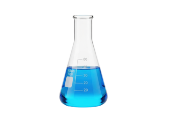 Luminous blue chemical liquid in a clear borosilicate glass Erlenmeyer flask with calibration markings, isolated on a transparent background with copy space, concept of scientific discovery