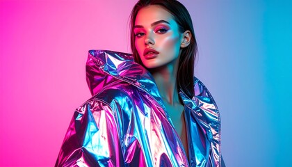 Futuristic fashion portrait of a glamorous model in a metallic holographic jacket with vibrant pink and blue neon lighting