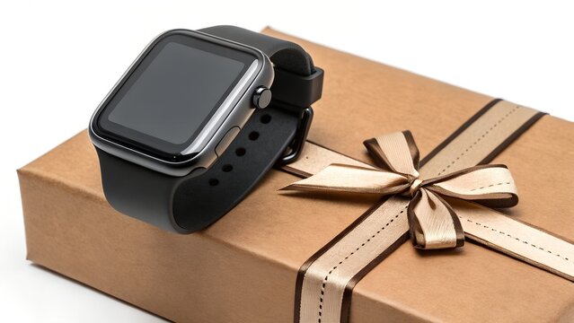  Black Square Smartwatch with Blank Screen on Brown Gift Box.