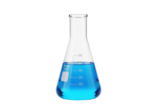 Luminous blue chemical liquid in a clear borosilicate glass Erlenmeyer flask with calibration markings, isolated on a transparent background with copy space, concept of scientific discovery