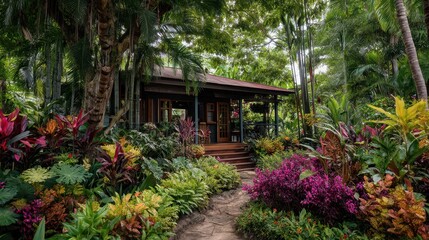 Tropical Garden Oasis Featuring Lush Plants and Vibrant Trees