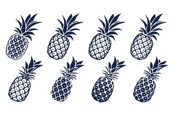 Set of Pineapple Silhouettes Vector Illustration, Tropical Fruit Icons Collection, Black and White Pineapple Clipart Isolated on White Background