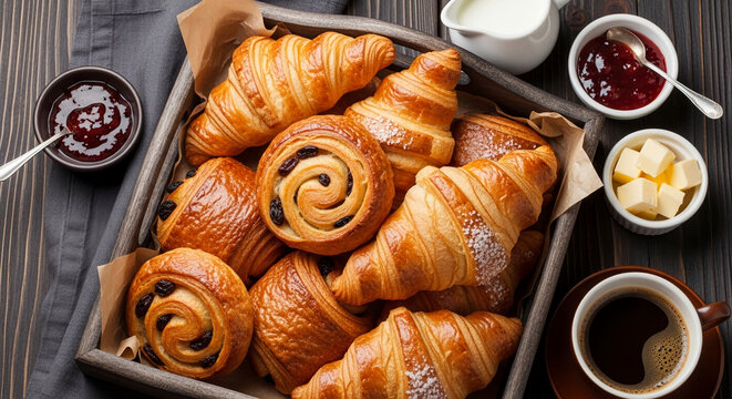 Wooden box filled with assorted pastries: croissants, pain au chocolat, and raisin swirls.  Breakfast concept, showcasing delicious baked goods, perfect for food blogs or menus