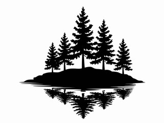 Obraz premium Silhouette of Evergreen Trees on Island with Water Reflection Graphic Illustration Vector Art