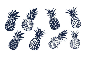 Set of Pineapple Silhouettes Vector Illustration, Tropical Fruit Icons Collection, Black and White Pineapple Clipart Isolated on White Background