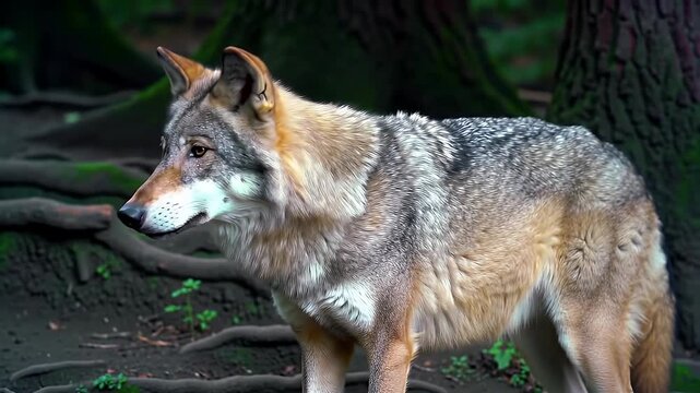 Dramatic Portrait of Majestic Gray Wolf in Forest Roots and Trees