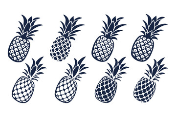 Set of Pineapple Silhouettes Vector Illustration, Tropical Fruit Icons Collection, Black and White Pineapple Clipart Isolated on White Background