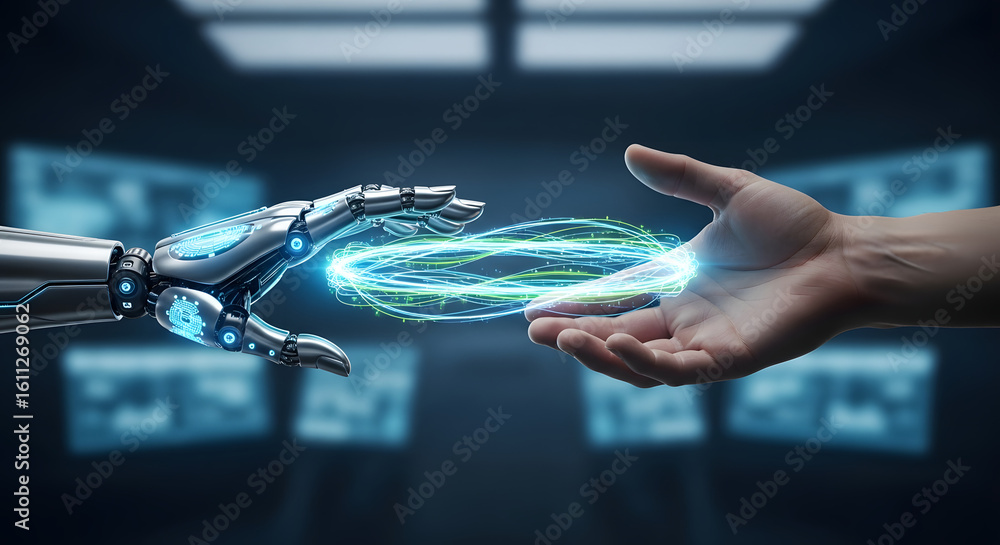 Poster synergy between human and robotic hands creating energy streams in digital world