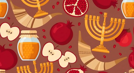 Seamless vector pattern featuring jewish symbols rosh hashanah holiday celebratory elements