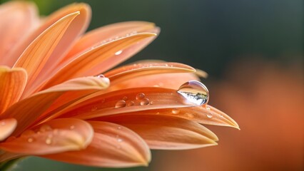  Close-up of an orange flower petal with a glistening water droplet against a dark background.