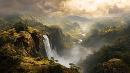 Majestic Waterfall Flowing from Edge of Heaven Surrounded by Nature