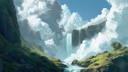 Majestic Waterfall Flowing from the Edge of a Serene Heaven