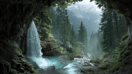 Majestic Waterfall Flowing From Cliff Surrounded By Lush Forest